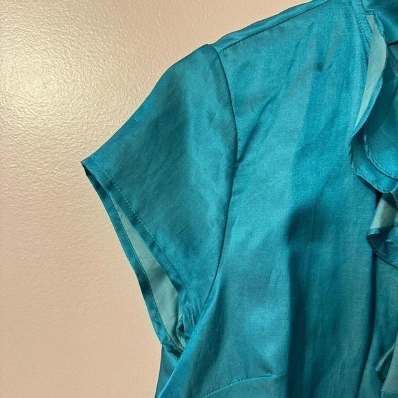 Talbots Turquoise Silk Cotton Ruffle  Bib Top Blouse Womens Size 14P NWT - Picture 4 of 9